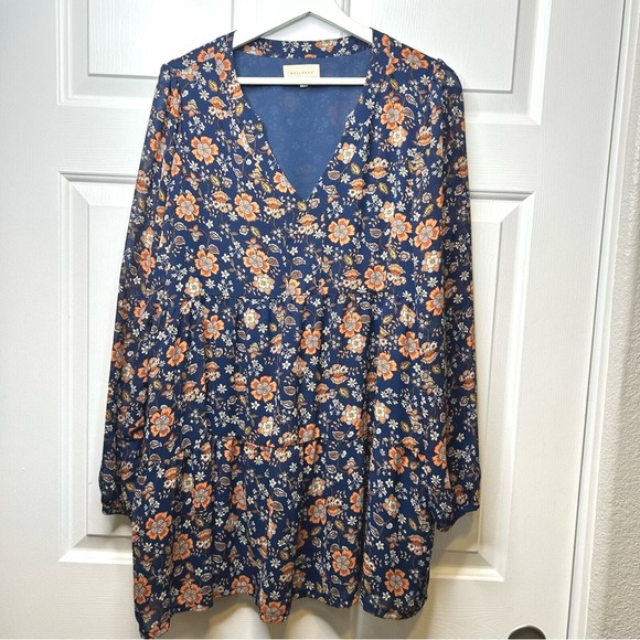 Melloday‎ Blue Floral Print Long Sleeve Babydoll Mini Dress L - Picture 1 of 5